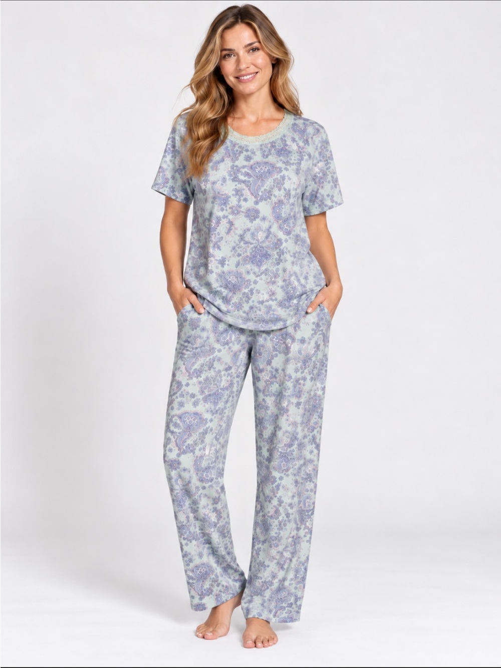 Flora Nikrooz Women Mint Green/Purple Short Sleeve Pajama Set with Pockets 😍